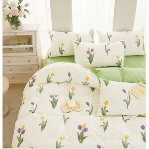 Amy Tulip Farmhouse White Purple 100% Cotton‎ Reversible Comforter Set Queen